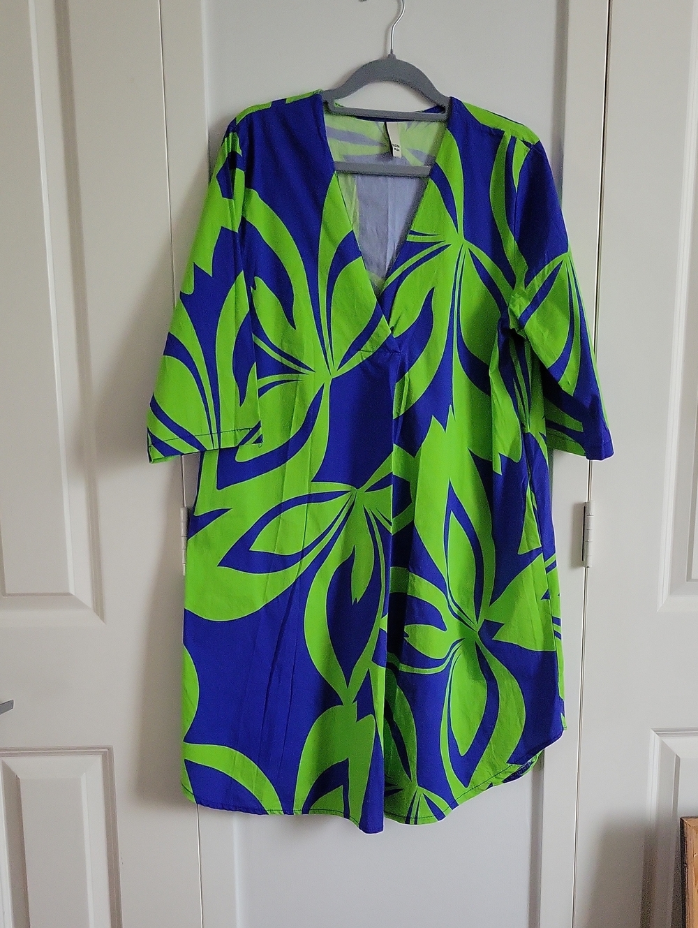 Vibrant Blue & Lime Green Floral Tunic Dress 3/4 Sleeve